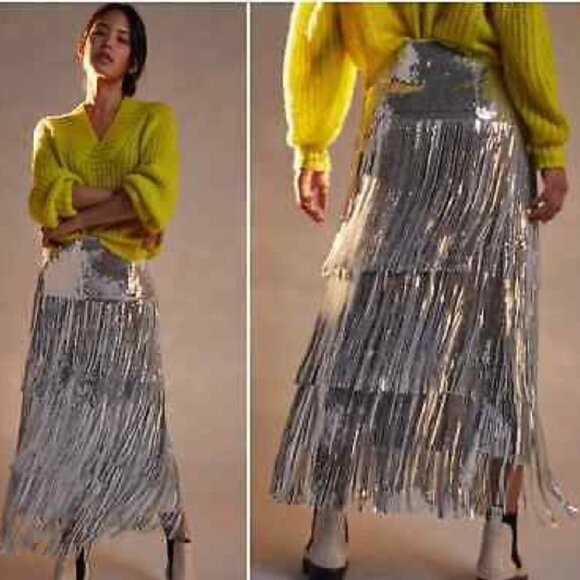 💥INSANELY BEAUTIFUL!💥Roaring 20s Vibe Tatiana Fringed Sequin Skirt in Silver - Picture 10 of 16
